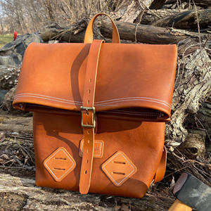 Unisex Minimalist Leather <b>Roll</b> Top <b>Backpack</b> Neutral Tones Rucksack For Couples Versatile Travel Bag LRTB-0198 - Product Image 5