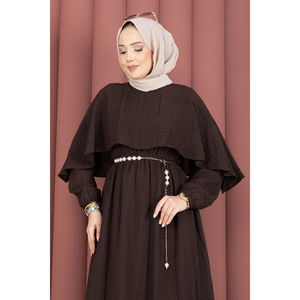 Robe d'été marron à col cape, taille empire élastiquée, volants floraux, respirante, durable, modeste, pour soirée, club, jour de fête, livraison gratuite - Product Image 2