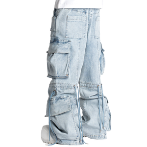 Pantalons cargo pour hommes en denim bleu 100% coton, délavé, coupe ample, plusieurs poches cargo, style streetwear, vente en gros - Product Image 4
