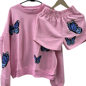 เสื้อสเวตเตอร์ลำลอง2ชิ้นของผู้หญิงชุดสั้นปักเลื่อมลายผีเสื้อด้วยมือ - Product Image 1