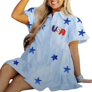 Achetez la robe décontractée tendance en coton Glace personnalisée, aux couleurs du drapeau américain, avec des patchs perlés, pour femmes, tenue patriotique pour la Fête Nationale. - Product Image 3