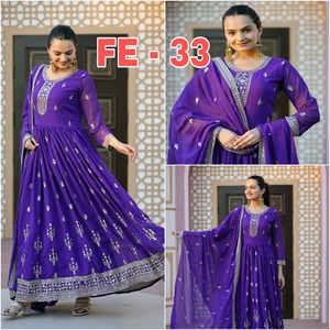 2024 cuello redondo Georgette colección de verano estampado de secuencia bordada vestido largo Casual ropa de boda tejido sólido Patchwork - Product Image 6