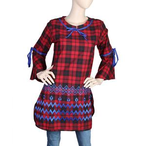 Kurti à carreaux brodés pour femmes - Rouge - Product Image 2