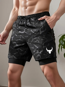 Shorts de gym pour hommes à séchage rapide pas cher en vente en gros de shorts d'entraînement de fitness en maille de plage avec poches taille imprimée en polyester uni - Product Image 6