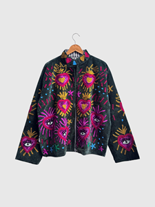 Veste en coton brodée à la main avec motif cœur et œil, manches longues, col montant, grande taille, pour adulte, tenue d'automne - Product Image 5
