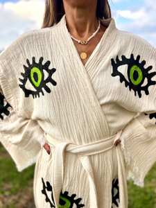 Handcrafted Natural Cotton Printed <b>Kimono</b> Robe Cozy Blanket Maxi Housecoat <b>Long</b> Fringe-Trim Sleeves Classic Loungewear Sweet - Product Image 4