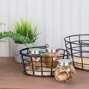 Panier de rangement en métal avec base en bois Panier à fruits et légumes pour organisateur de cuisine panier noir - Product Image 2