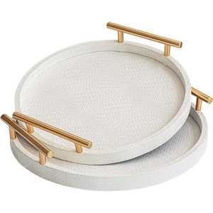 Plateau de service rond élégant et moderne de luxe, style personnalisé, métal + cuir, passe au lave-vaisselle, pour la maison, l'hôtel, le restaurant - Product Image 1