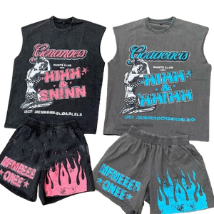 Vente en gros Tenue d'été avec logo imprimé sur mesure Ensemble short et survêtement court délavé à l'acide à col ras du cou Chemises sans manches pour hommes - Product Image 1