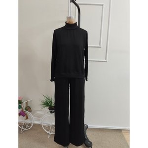 Conjunto de Dos Piezas para Mujer, Blusa de Manga Larga con Cuello Alto de Viscosa de Dos Hilos y Pantalones, 37415 - Negro - Product Image 4