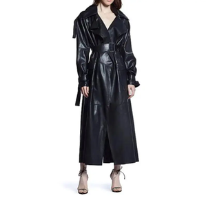 Último diseño de cuero PU negro liso abrigo largo Mujer a prueba de viento doble botonadura chica invierno cálido grueso hecho a mano al aire libre abrigo - Product Image 1