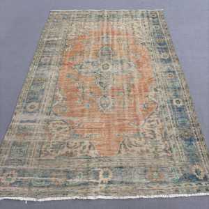 Vintage Turkish Large Rug 6x9.6 ft, <b>Brown</b> Blue Polka dot <b>Wool</b> Rug - Product Image 1