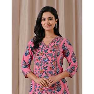 Kurti Rosa de Algodón con Estampado de Bloques, Corte Recto, para Uso Diario y Fiestas, Estilo Saree Indio, Ropa India Cosida al Estilo Pakistaní - Product Image 1