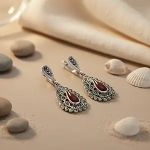 Pendientes de Lágrima de Plata 925 con Marcasita y Coral Rojo para Mujer, Chapados en Oro y Platino para Bodas y Fiestas - Product Image 2