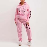 Ensemble 2 pièces en molleton rose pour femme avec pantalon de survêtement décontracté uni et haut zippé 100 % coton respirant