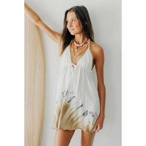 Vestido Largo Blanco con Cuello en V, Cintura Natural, Estilo Babydoll, Teñido Degradado, Fluido, para Playa, Venta al Por Mayor - Product Image 3