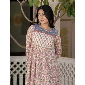 Vestido Anarkali de Algodón Blanco con Estampado de Bloques, Estilo Boho Elegante, Transpirable y de Talla Única para Invitadas de Boda, Suministro ODM - Product Image 1