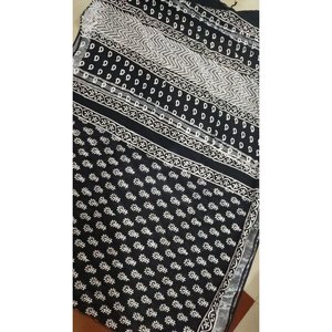 ผ้าส่าหรีผ้าลินินผสมฝ้ายพิมพ์ลายด้วยมือ-ลายเรขาคณิตสไตล์โบโฮ - Product Image 1
