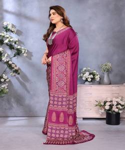 MODERNO SEMI GAJI AJRAKH LAGDI TRABAJO SAREE CON BLUSA DESCOSTADA ROPA DE BODA PRECIO AL POR MAYOR ROPA ÉTNICA PÚRPURA - Product Image 2