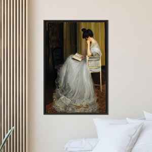 Art mural sur toile imprimée représentant une dame victorienne vintage lisant, pour une décoration élégante, encadré noir - Product Image 1