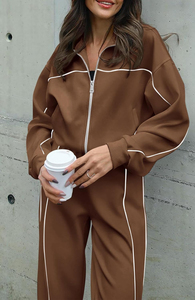 ชุดวอร์ม2ชิ้นสำหรับผู้หญิงเสื้อแจ็คเก็ตแบบมีซิปและกางเกงเลกกิ้งขายาวแบบลำลองโลโก้ออกแบบได้ตามต้องการ - Product Image 2