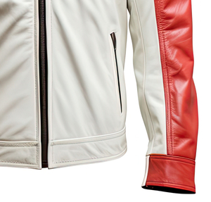 แจ็คเก็ตหนังแท้สีขาวแดง แบบสั่งทำพิเศษ ปกตั้ง ซิปหน้า บุผ้าควิลท์ที่ไหล่ สไตล์ลำลองเท่ๆ สำหรับขี่มอเตอร์ไซค์ - Product Image 6