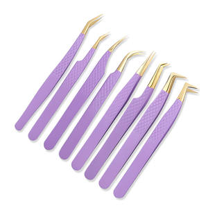 Diamond Grip Lash Tweezers for Eyelash Extension Stainless Steel Private Label Wholesale Eyelash Purple Gold Tip Tweezers Set - Product Image 1