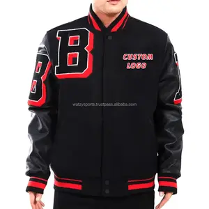 Hot Sale Black with Red Color Embroidery Logos Patches and Labels jacket for men Wool letterman Real Leather Varsity Jackets