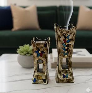 Décoration d'intérieur de style arabe, écologique, fait à la main, finition dorée métallique, orné de perles de pierre colorées, brûleur à encens Bakhoor - Product Image 4
