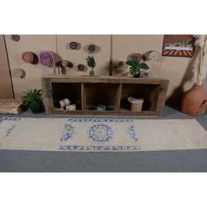 Tapis turc vintage 2.3x10 pieds Beige bleu grande surface laine Latex support motif abstrait pour adolescent couloir rectangulaire Design - Product Image 1