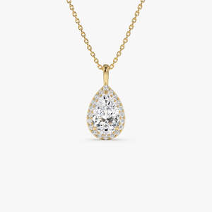 Collier élégant fait main en or 14 carats avec diamant de laboratoire en forme de poire serti halo, 1,25 ct E-F VS, cadeau de mariage ou d'anniversaire - Product Image 1