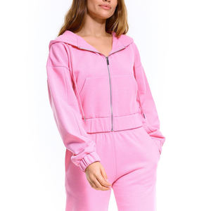 Conjunto de ropa deportiva personalizada para mujer Tops cortos con cremallera y Joggers Patrón sólido con capucha para ejercicio de invierno - Product Image 3