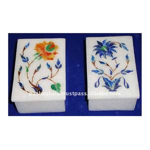 Most Beautiful & <b>Colourful</b> Flower Design Inlay On Best Quality Rectangle Shape Handmade White Marble Inlaid Jewelry Boxes - Product Image 1