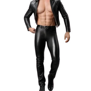 Pantalon moulant pour homme en cuir noir à taille haute, devant plat, taille élastique, respirant, écologique, avec poche pour les tenues de boîte de nuit - Product Image 5