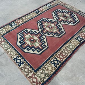 Turkish Vintage Rug 4.3x5.9 ft (131x180 cm), <b>Red</b> Bordered <b>Wool</b> Rug - Product Image 4
