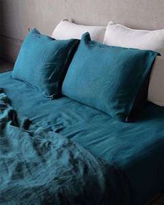 Parure de lit en lin bleu émeraude délavé avec 2 taies d'oreiller, antibactérienne, fermeture boutonnée, pour la maison, l'hôtel et la chambre à coucher - Product Image 1