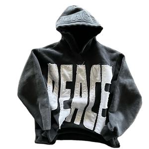 Custom 100%Cotton Acid Wash Vintage Hoodies Men Distressed Embroidery <b>Applique</b> <b>Patch</b> 3D Embossed Winter Cropped Pullover Hoodie - Product Image 1