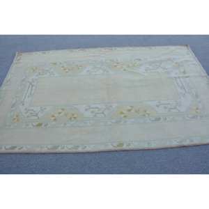 Alfombra turca Vintage Beige hecha a mano, área grande de 4 pies, 6 pulgadas X 7 pies, 7 pulgadas, lana, algas marinas, respaldo de látex, patrón de retazos para adolescentes, pasillo - Product Image 3