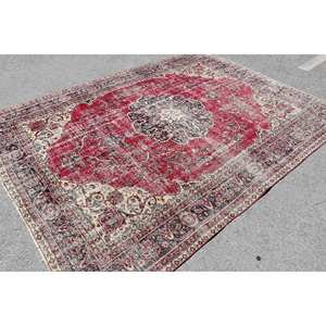 Vintage Turkish <b>Rug</b> Red Beige 7.3 X 9.7ft <b>Large</b> Area Woolen Patchwork Design for Hallway <b>Bedroom</b> Latex for Living Room Bedside - Product Image 1