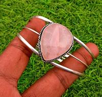 Bracelet de manchette réglable en argent sterling 925 pierre précieuse de quartz rose pour la guérison et le bracelet fin anti-anxiété