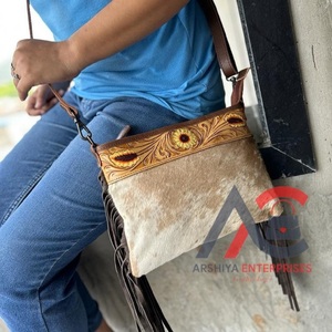 New Hand Tooled Cowhide Leather Fringe Handbag Stylish Women Hand Carving Leather Sling Bag Hand Floral Cross Body Bag - Product Image 1