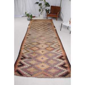 Vintage Turkish <b>Runner</b> <b>Rug</b> 4.6x12.2 ft (139x373 cm), Brown Animal Print Kilim <b>Rug</b> - Product Image 1