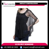 Poncho long élégant pour femme en tissu résille exclusif, orné de perles et de broderies de sequins, uni, décontracté, à manches courtes, respirant, grande taille