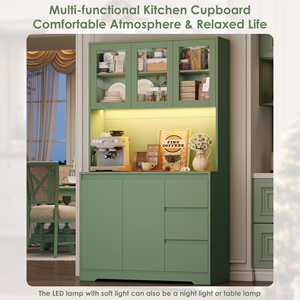 Meuble de rangement autoportant moderne vert OEM pour micro-ondes et station café, avec double porte vitrée, armoire haute de salle à manger avec tiroirs - Product Image 1
