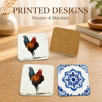 Ensemble de sous-verres imprimés en liège naturel carré avec motif coq et mandala, absorbants, pour tasses et tables, OEM ODM Vente en gros