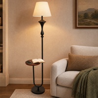 Lampe de sol industrielle avec plateau en bois, support en fer, abat-jour en tissu, multiprise pour la maison et le bureau