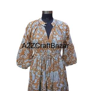 Stylish Himanshi 100% Cotton V-neck Floral Print Long 3/4 Sleeves <b>Loose</b> Fit Casual Summer Women's Midi <b>Dress</b> Handmade Front - Product Image 3