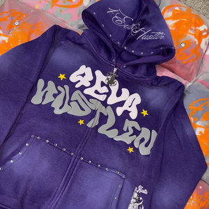 Ventes en gros de sweats à capuche pour femmes, streetwear d'hiver, personnalisés, en coton délavé au soleil, doublés de polaire, imprimés, avec pierres précieuses en cristal, fermeture éclair - Product Image 2