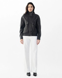 Blouson aviateur en cuir véritable pour femme, marron foncé, coupe oversize, style utilitaire, col montant, fermeture éclair, streetwear, hiver, coton - Product Image 4