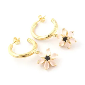 Fashion Custom Multi Stone Pear Minimalist Pink Chalcedony Black Onyx Wholesale Chunky Hoop Earrings Gold Plated Dangle Earring
